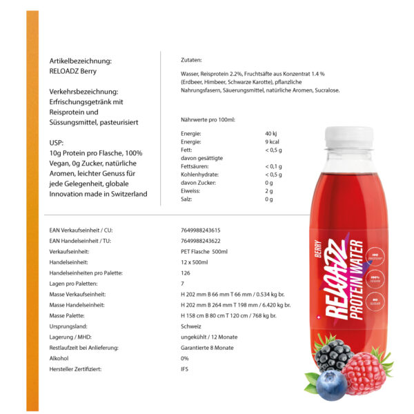 Produktbild RELOADZ Protein Water Berry, 12 x 500 ml