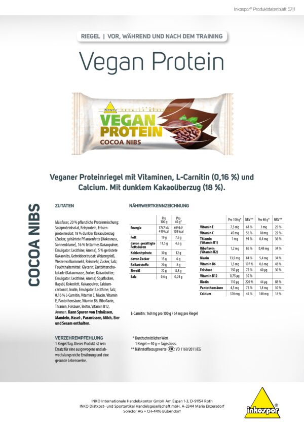 Produktbild INKOSPOR Vegan Protein Riegel Cocoa-Nibs, 28 x 40 g