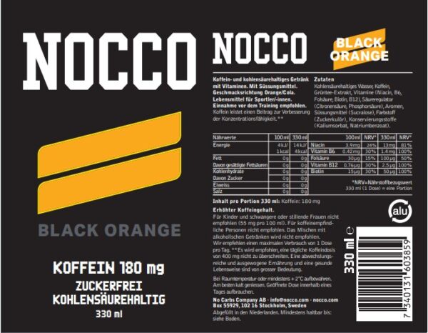 Produktbild NOCCO KOFFEIN 180 mg, Black Orange, 24 x 330 ml