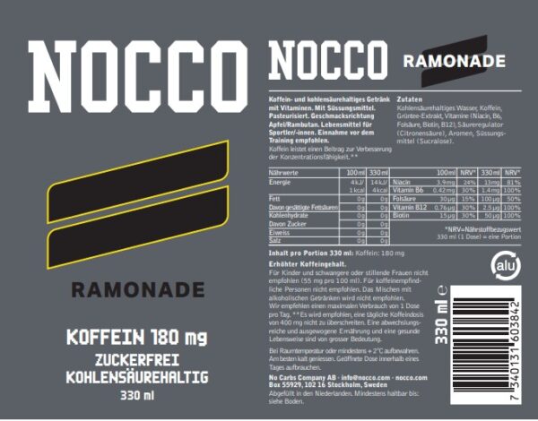 Produktbild NOCCO KOFFEIN 180 mg, Ramonade, 24 x 330 ml