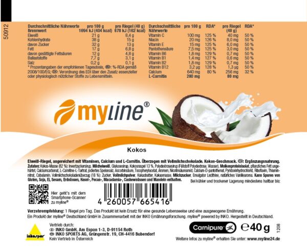 Produktbild MyLine-Riegel Cocos, 24 x 40 g
