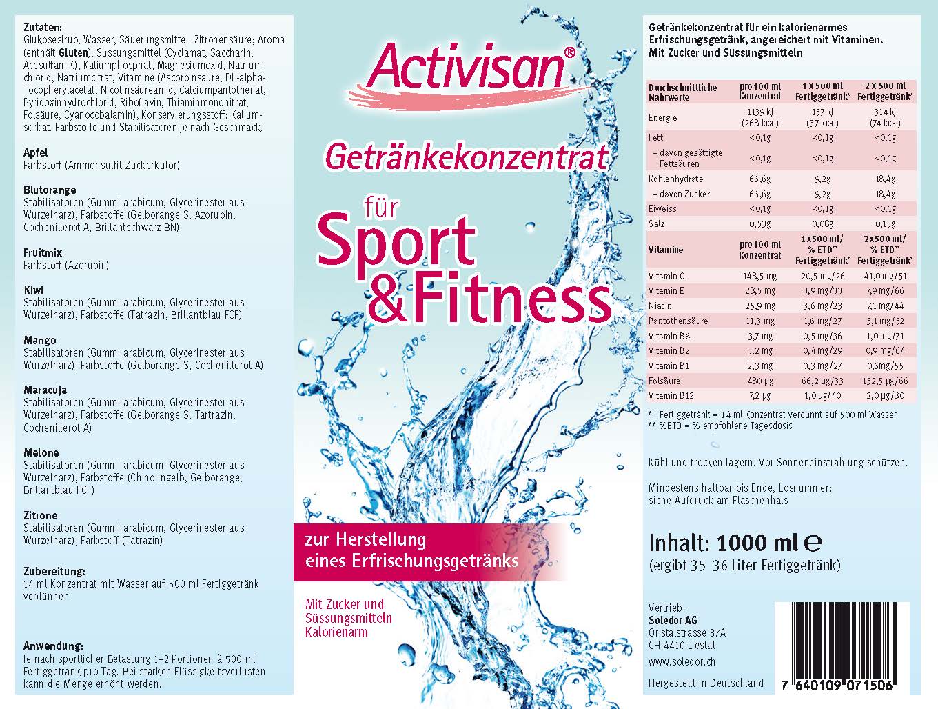 Produktbild ACTIVISAN Getränkekonzentrat, 1000 ml, Mango (Konz. 1:35)