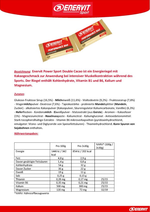 Produktbild ENERVIT PERFORMANCE BAR Kakao, 28 x 60 g(2 x 30g)