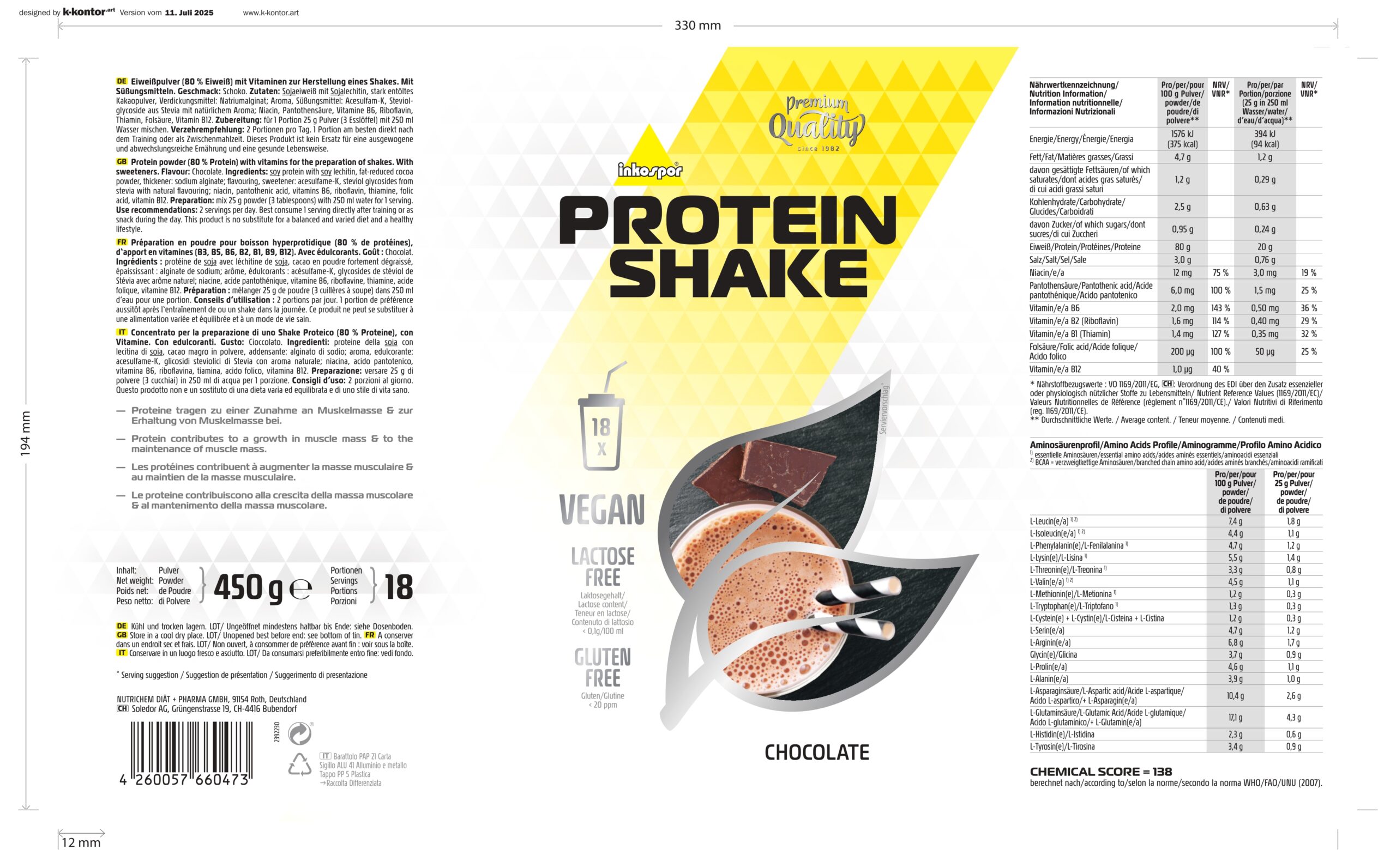 Produktbild ACTIVE Protein Shake laktosefrei Schoko, 450 g