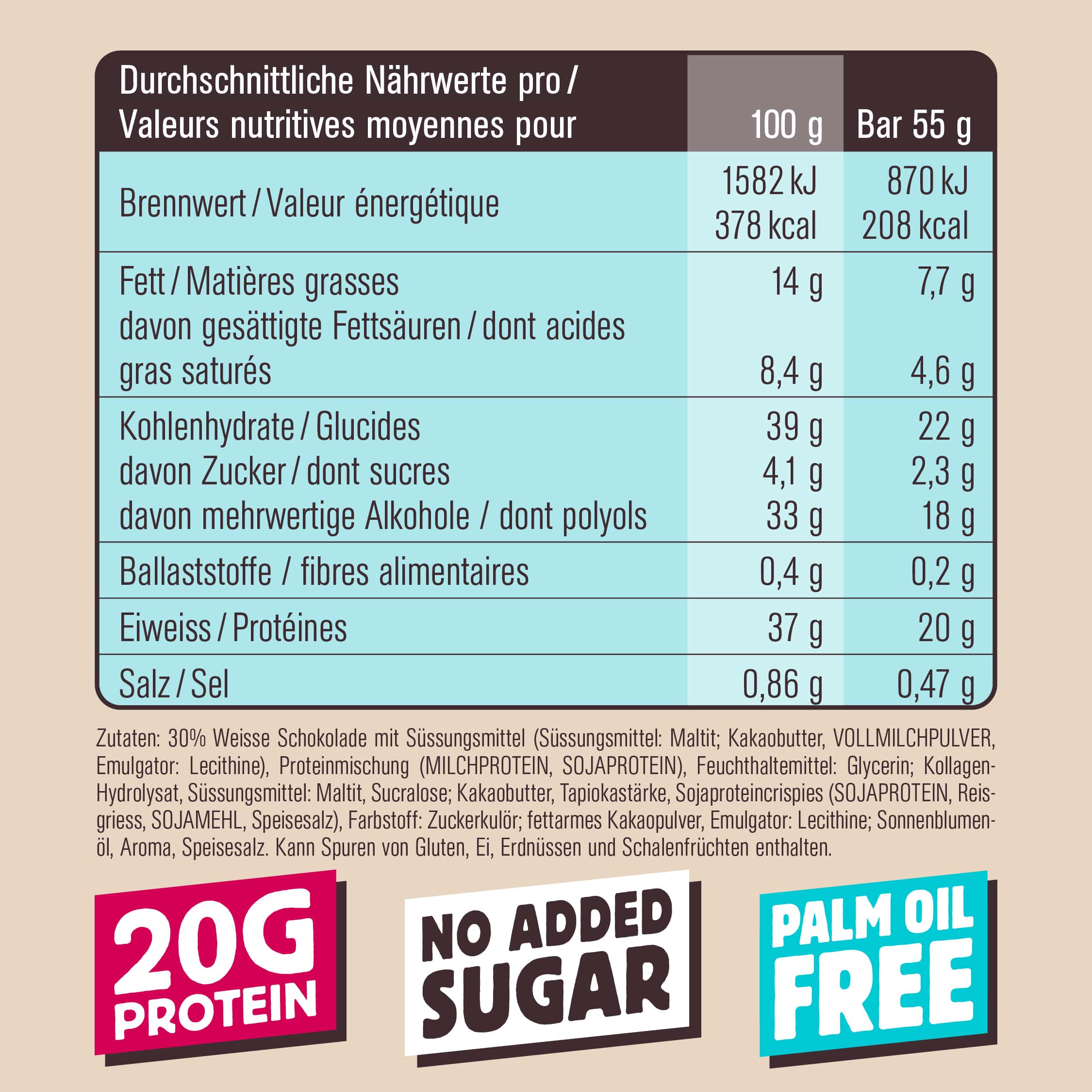 Produktbild CHIEFS Protein Bar, White Mocha, 12 x 55 g